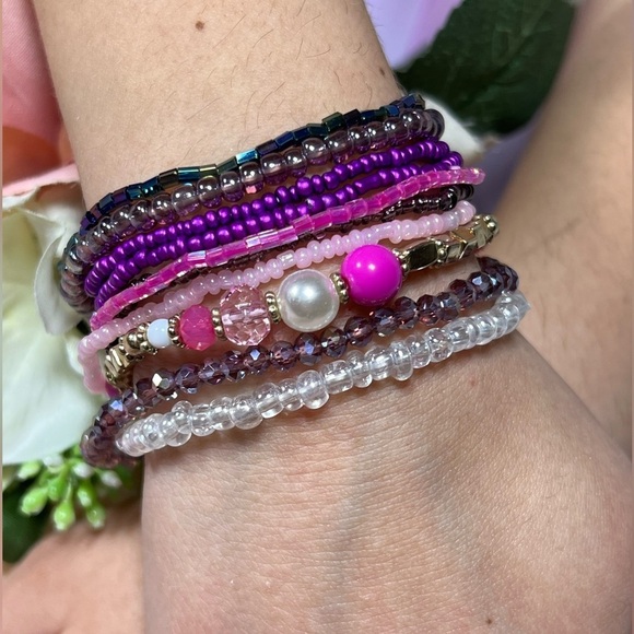 Royal Raspberry Beaded Bracelet Stack with Elastic OS - Picture 2 of 7